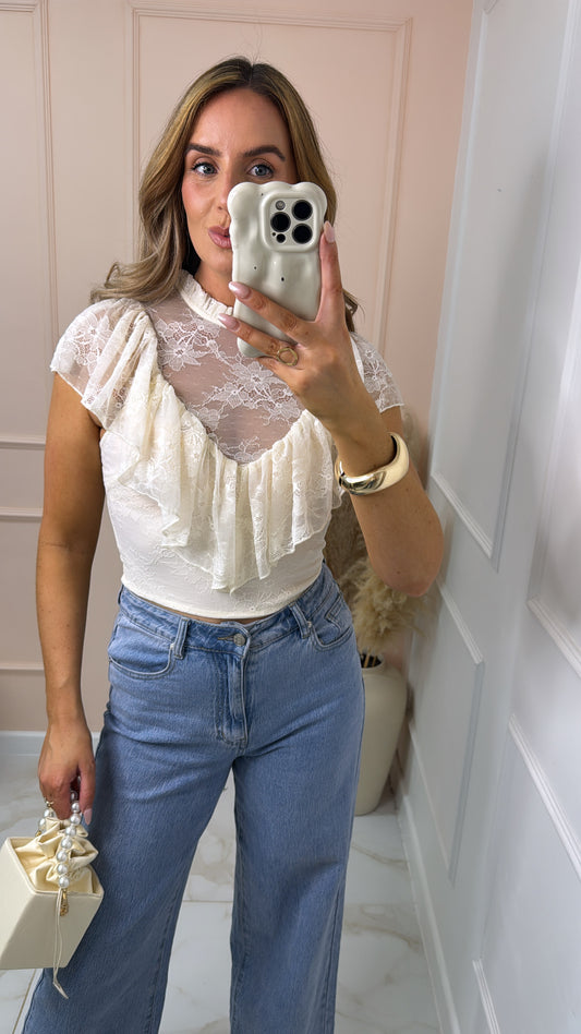 KAYLEE cream lace frill detail top