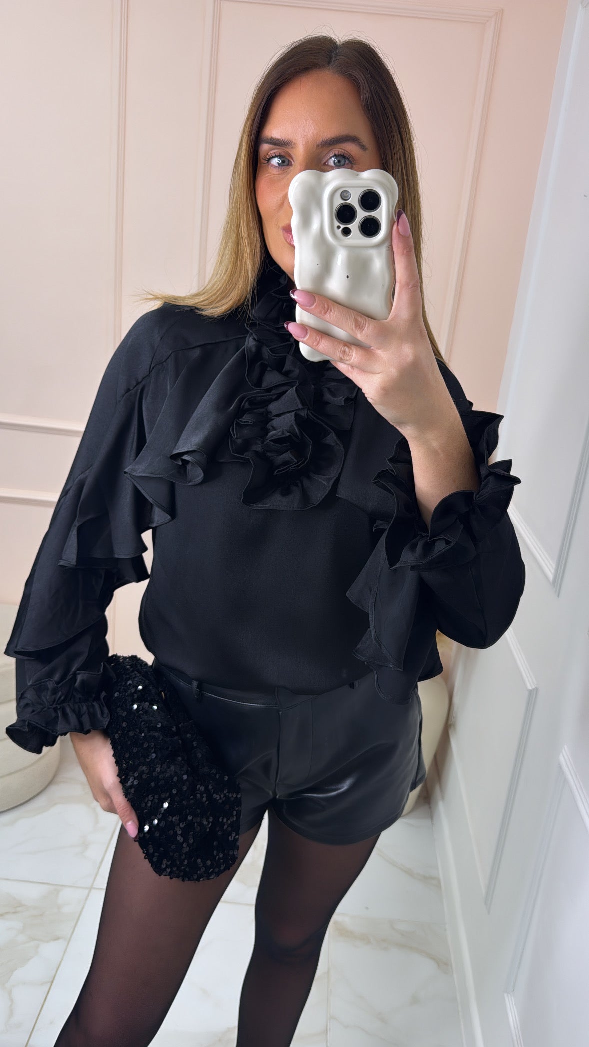 ARABELLA black satin frill blouse