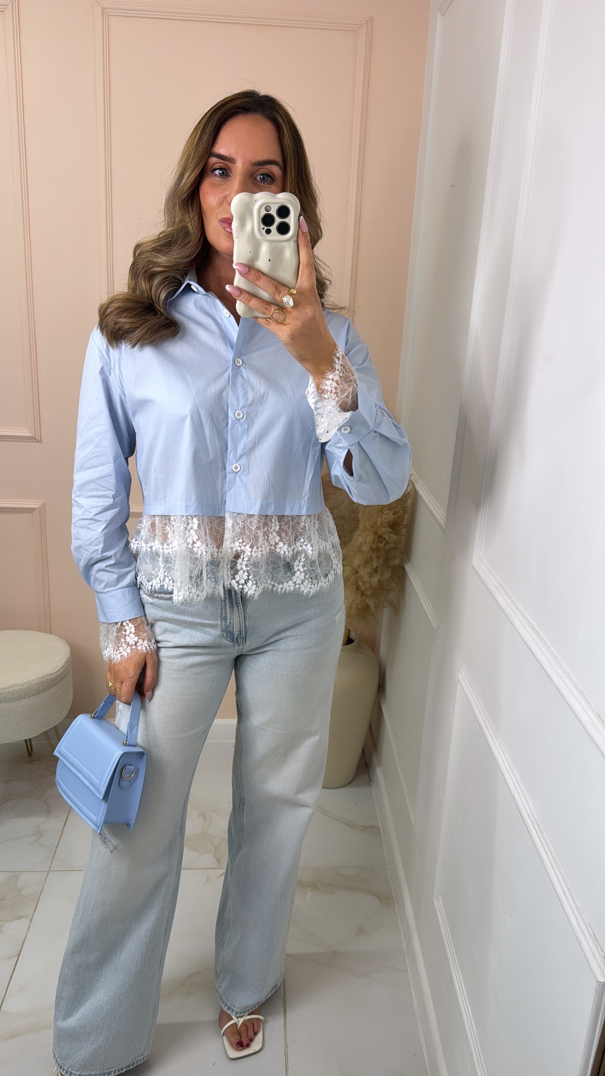 HALLIE blue lace trim blouse