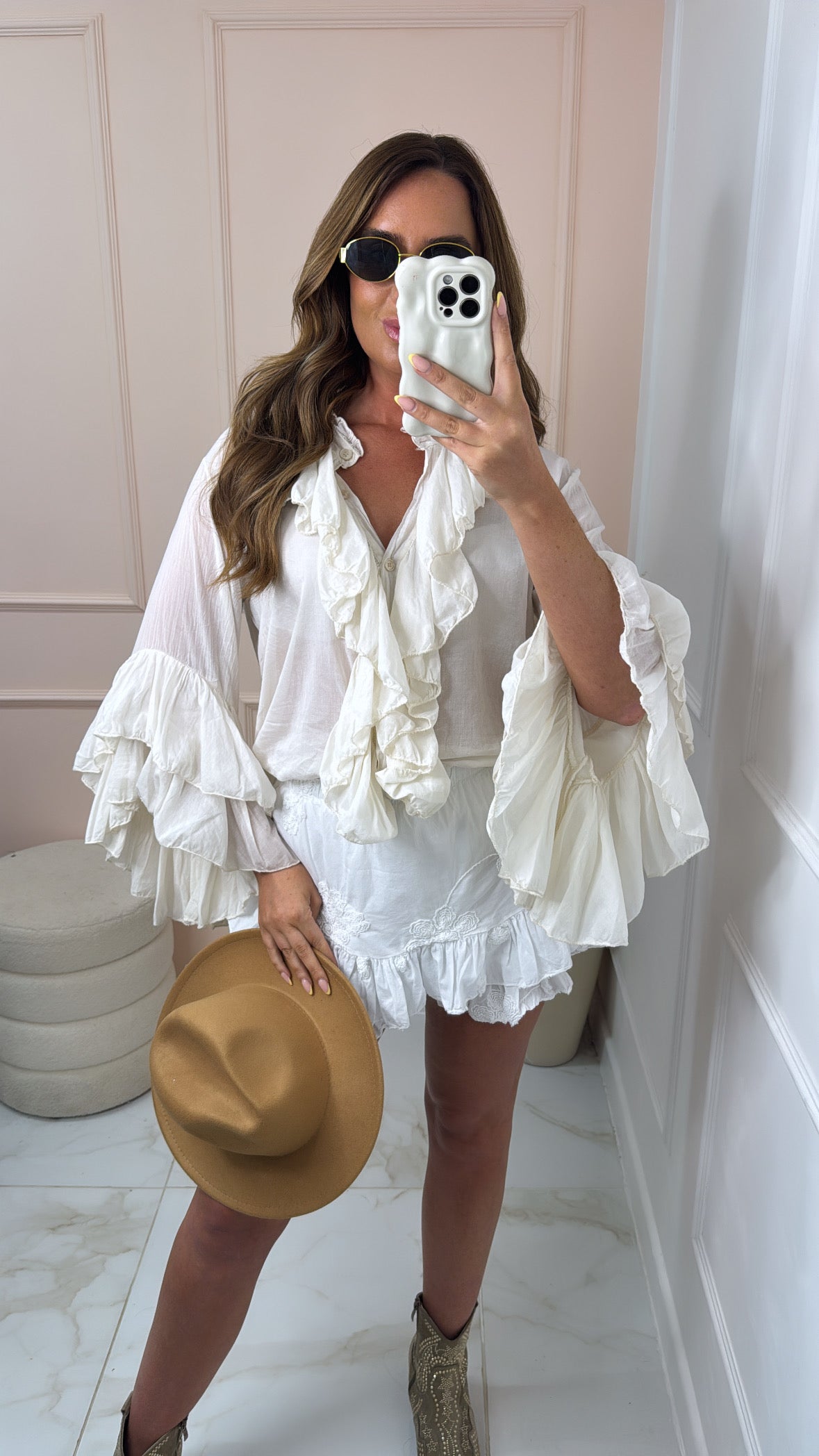 AALIYAH beige ruffle trim button up blouse