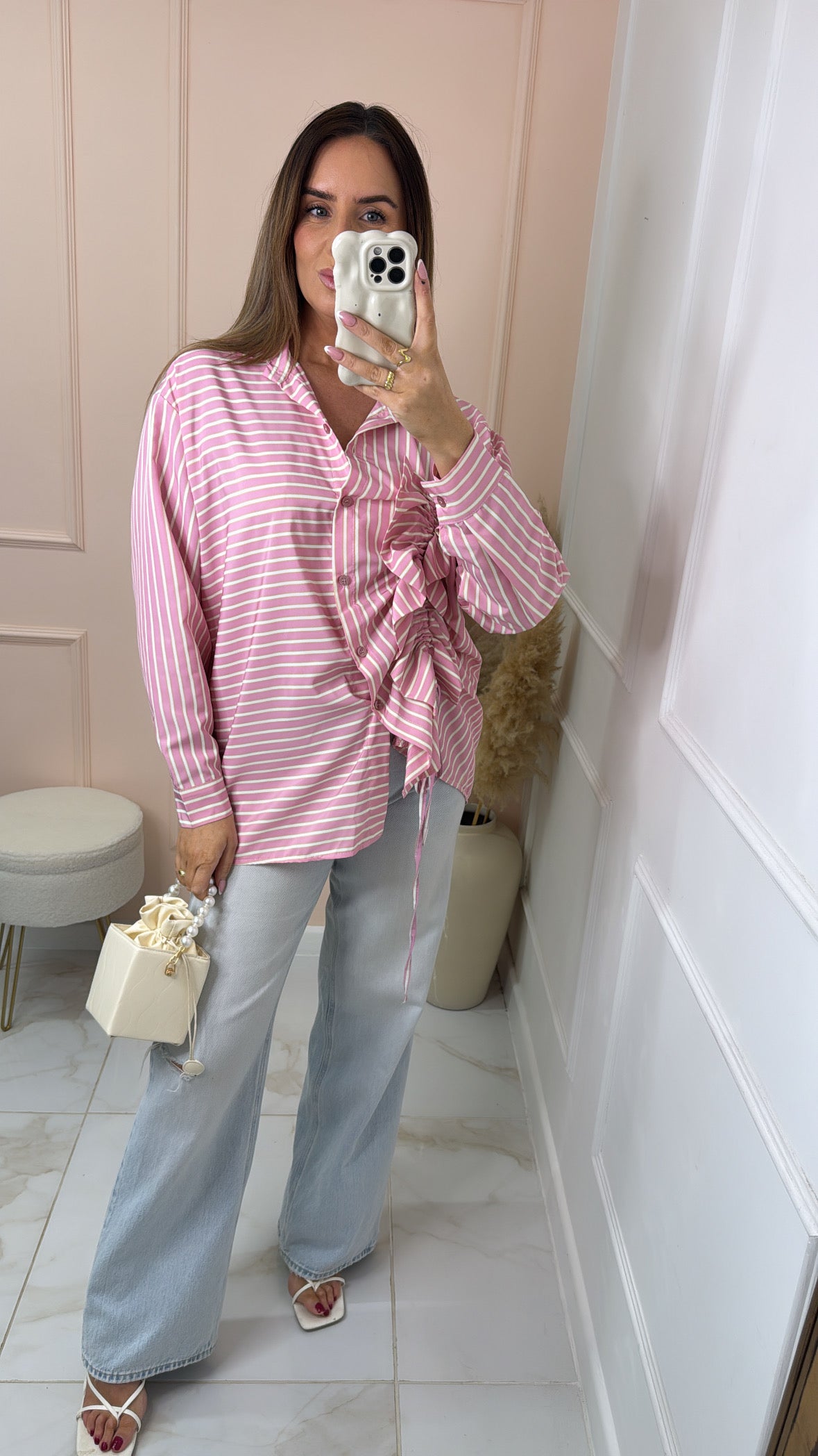LUCIE pink pinstripe ruffle ruched shirt
