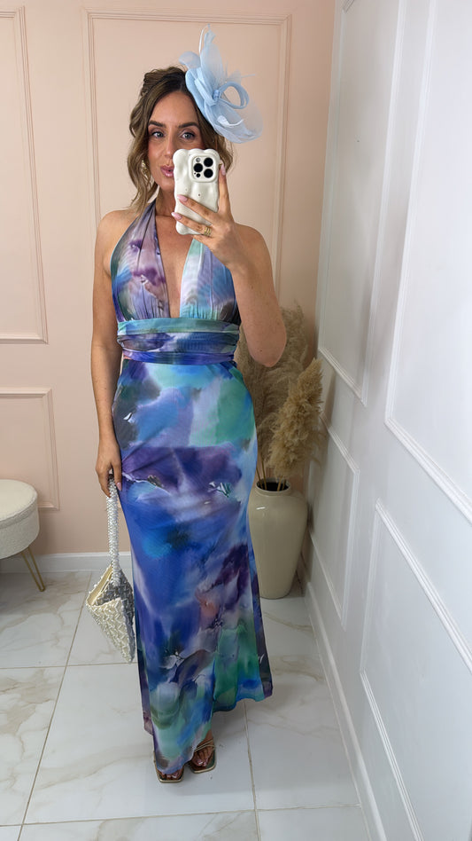 JADE blue abstract halter maxi dress