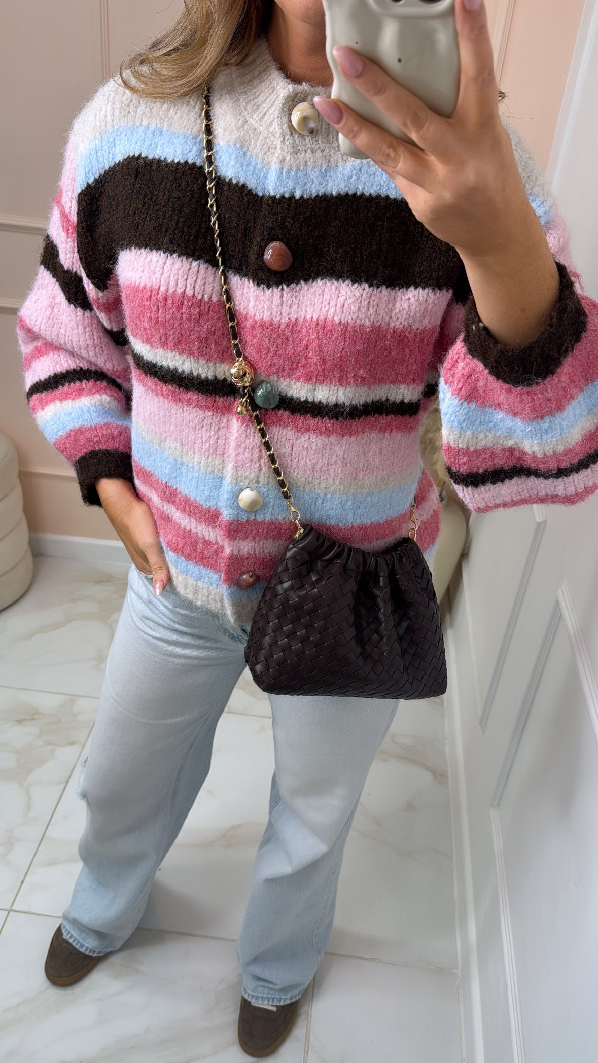 JUNIPER pink multi stripe knit cardigan