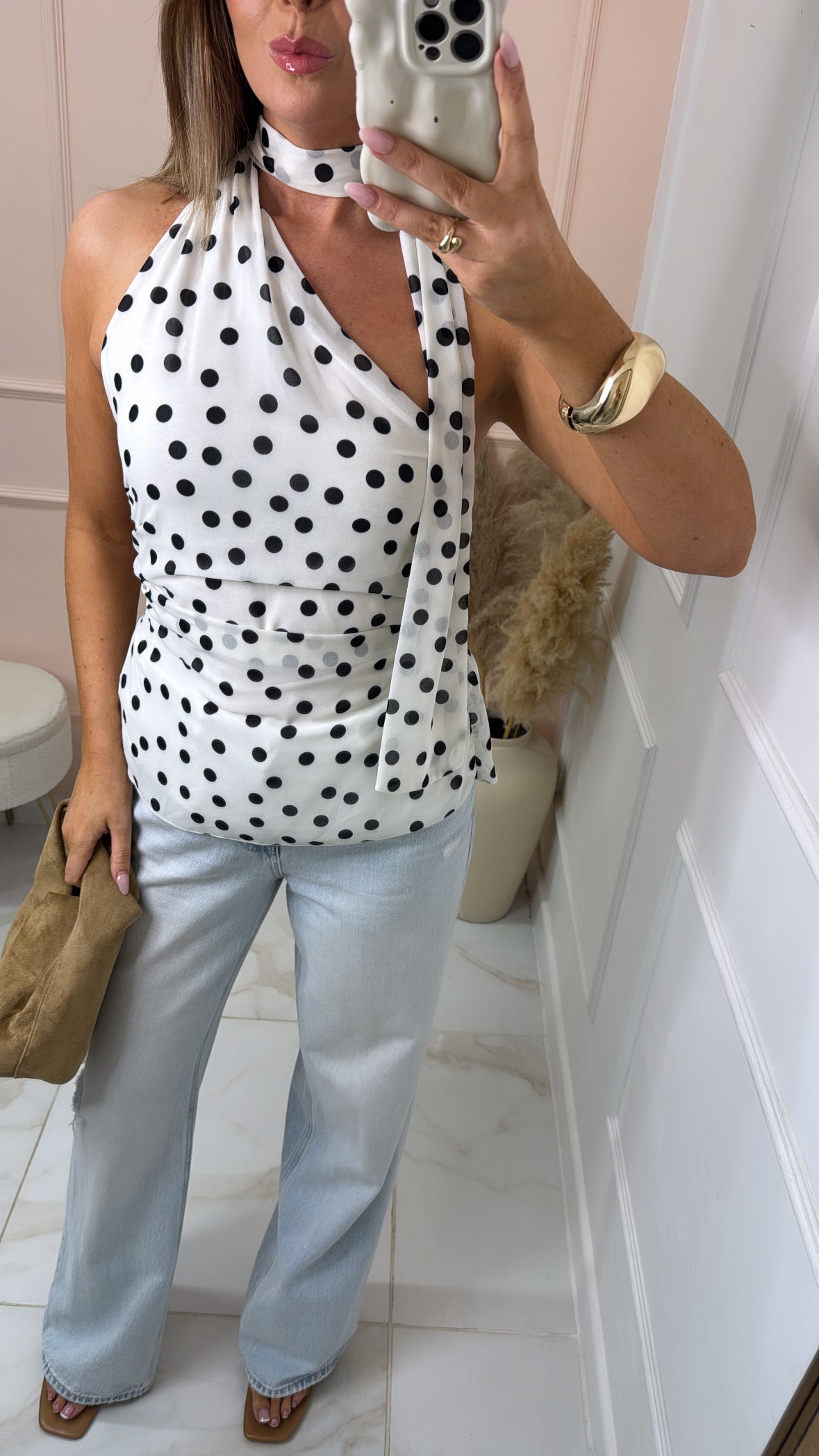 MABEL white black polka dot halter neck top