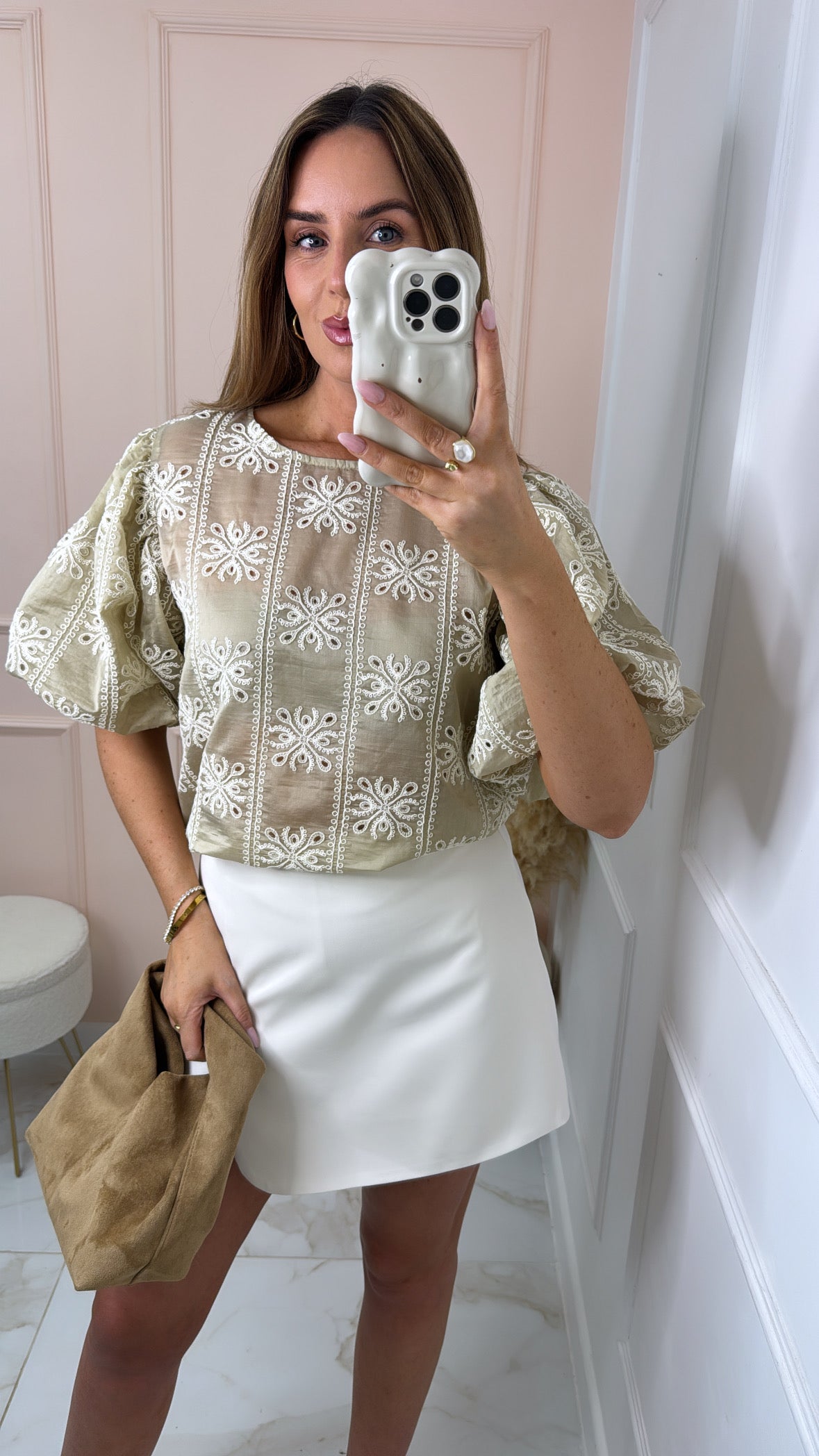 JONIE beige embroidered puff sleeve top