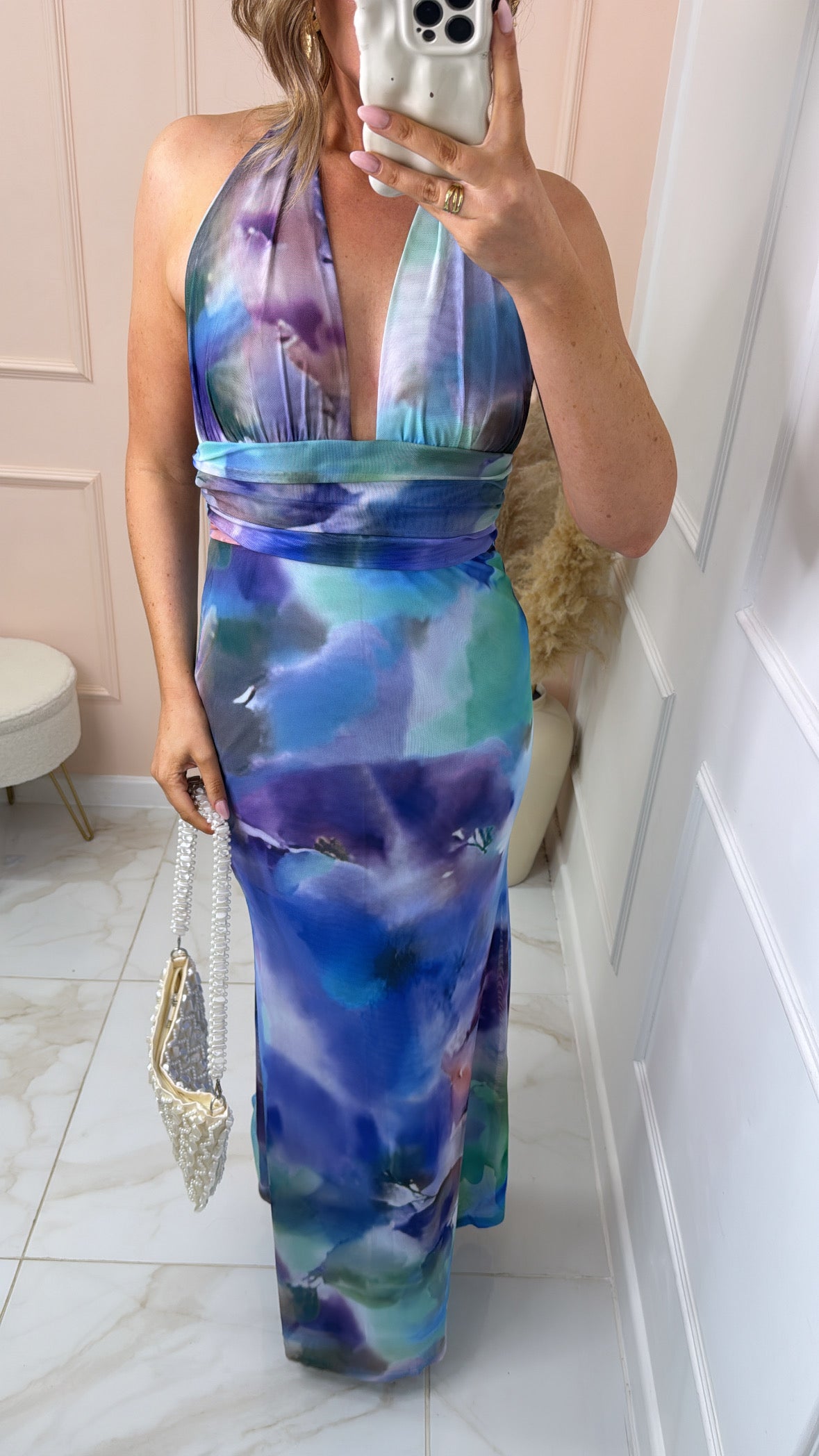 JADE blue abstract halter maxi dress