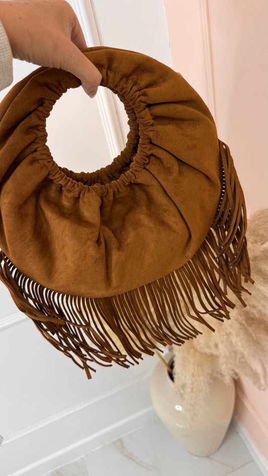 KIERA camel suede tassel grab bag