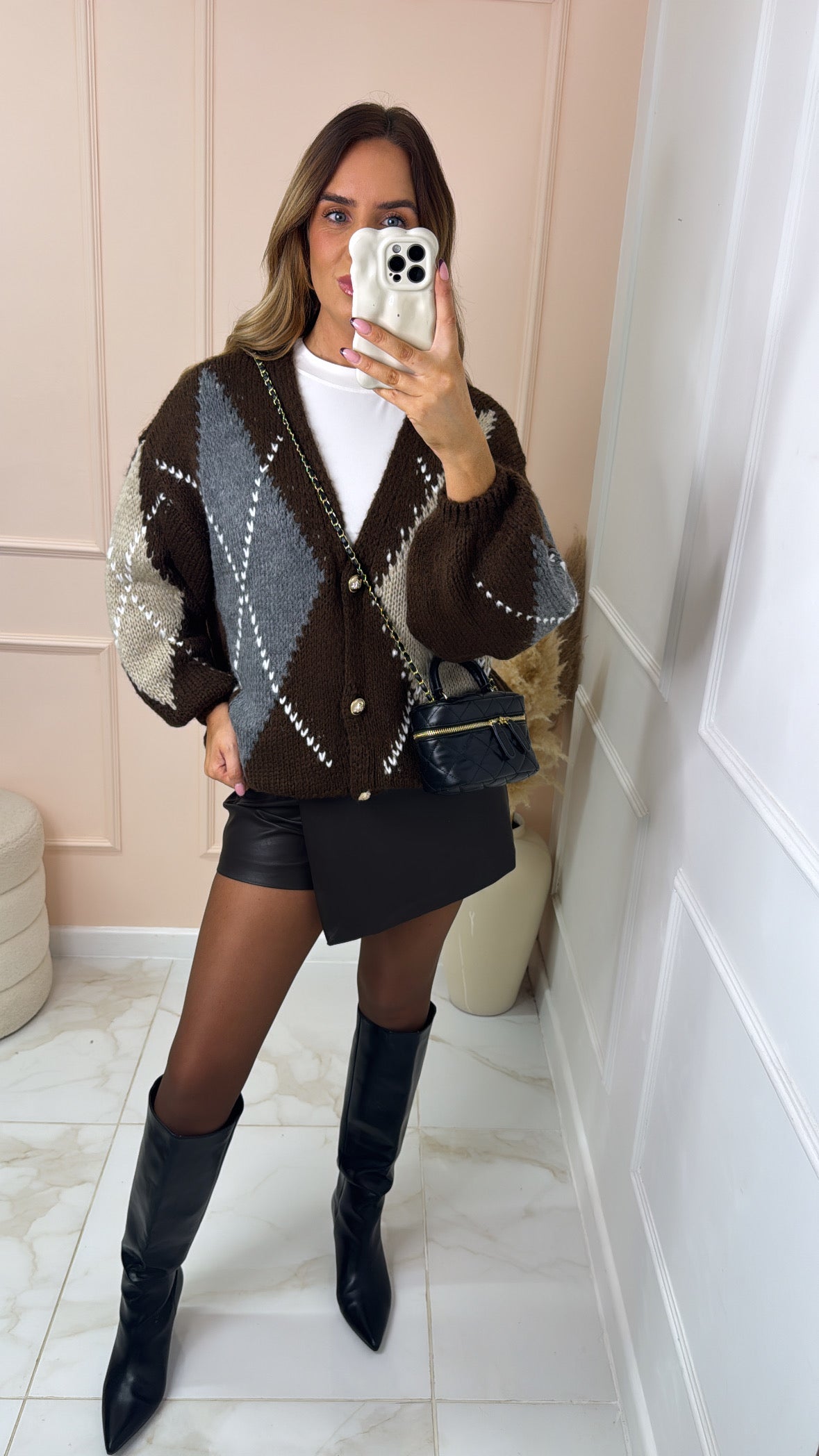 DARCIE brown argyle button front cardigan