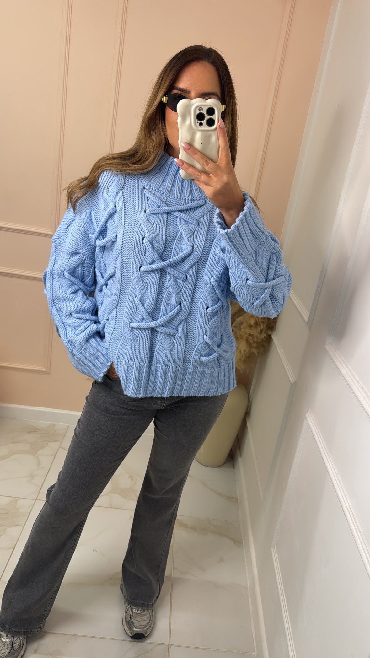 MEADOW blue crisscross cable knit jumper
