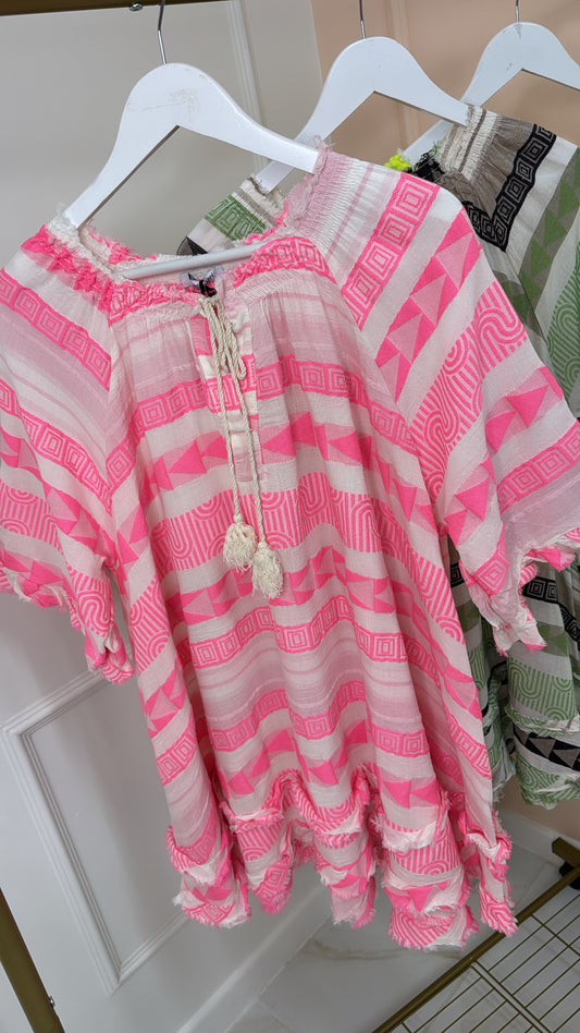 MINA neon pink embroidered smock dress