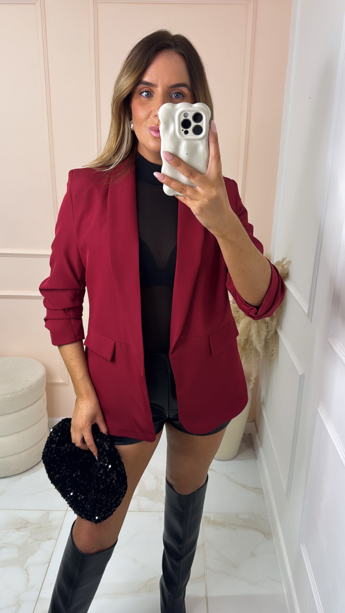 MABEL burgundy ruched sleeve blazer