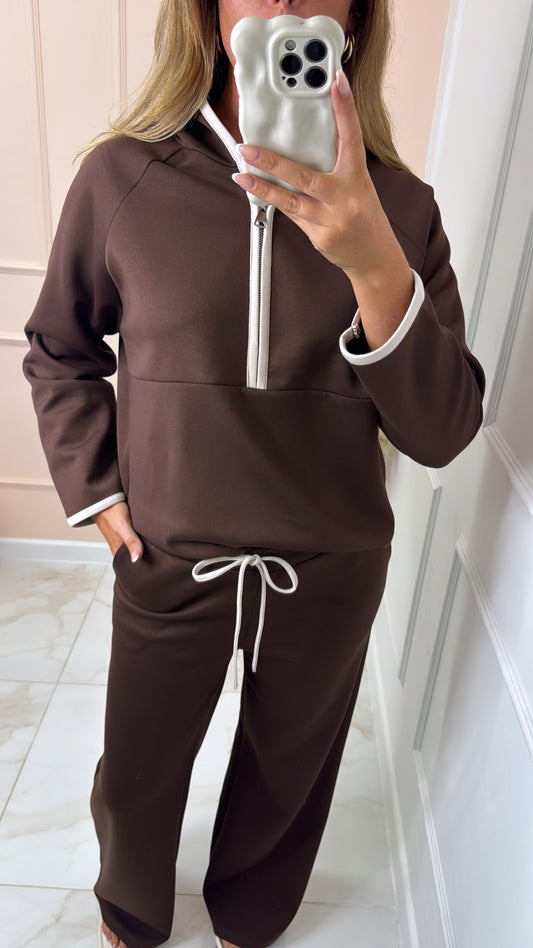 HOLLIE brown hooded half zip contrast lounge set