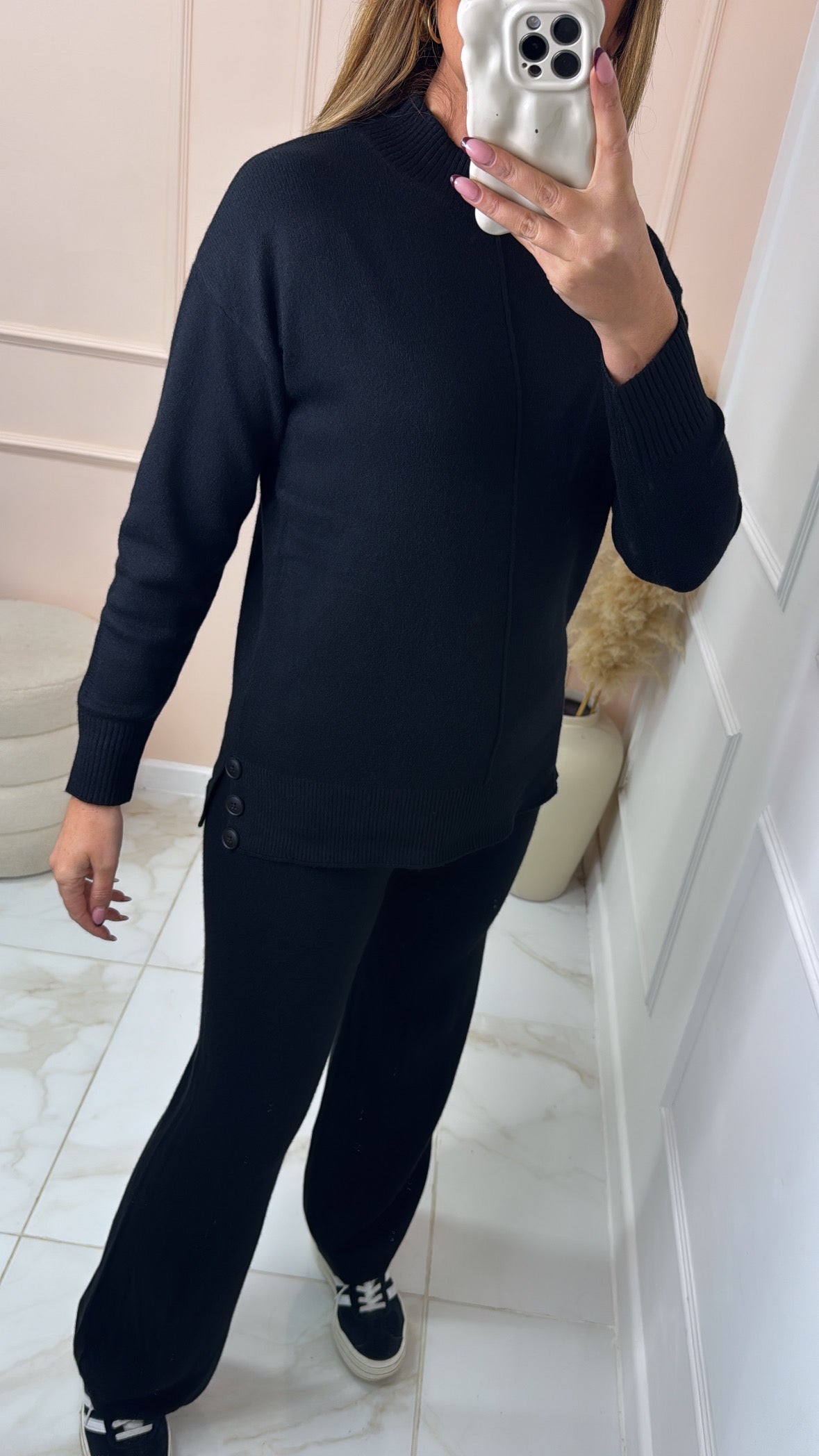 FREYA black fine knit button detail lounge set