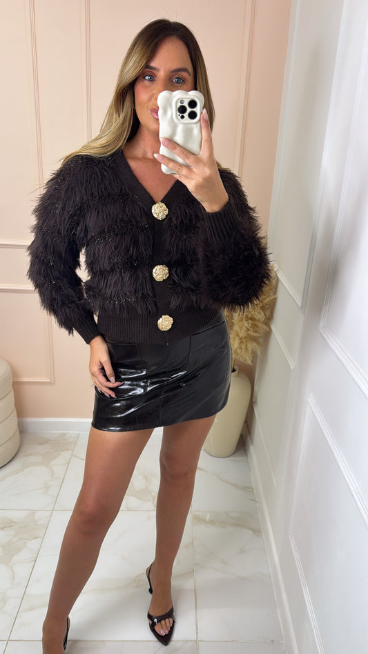 ROBERTA brown faux fur metallc cardigan