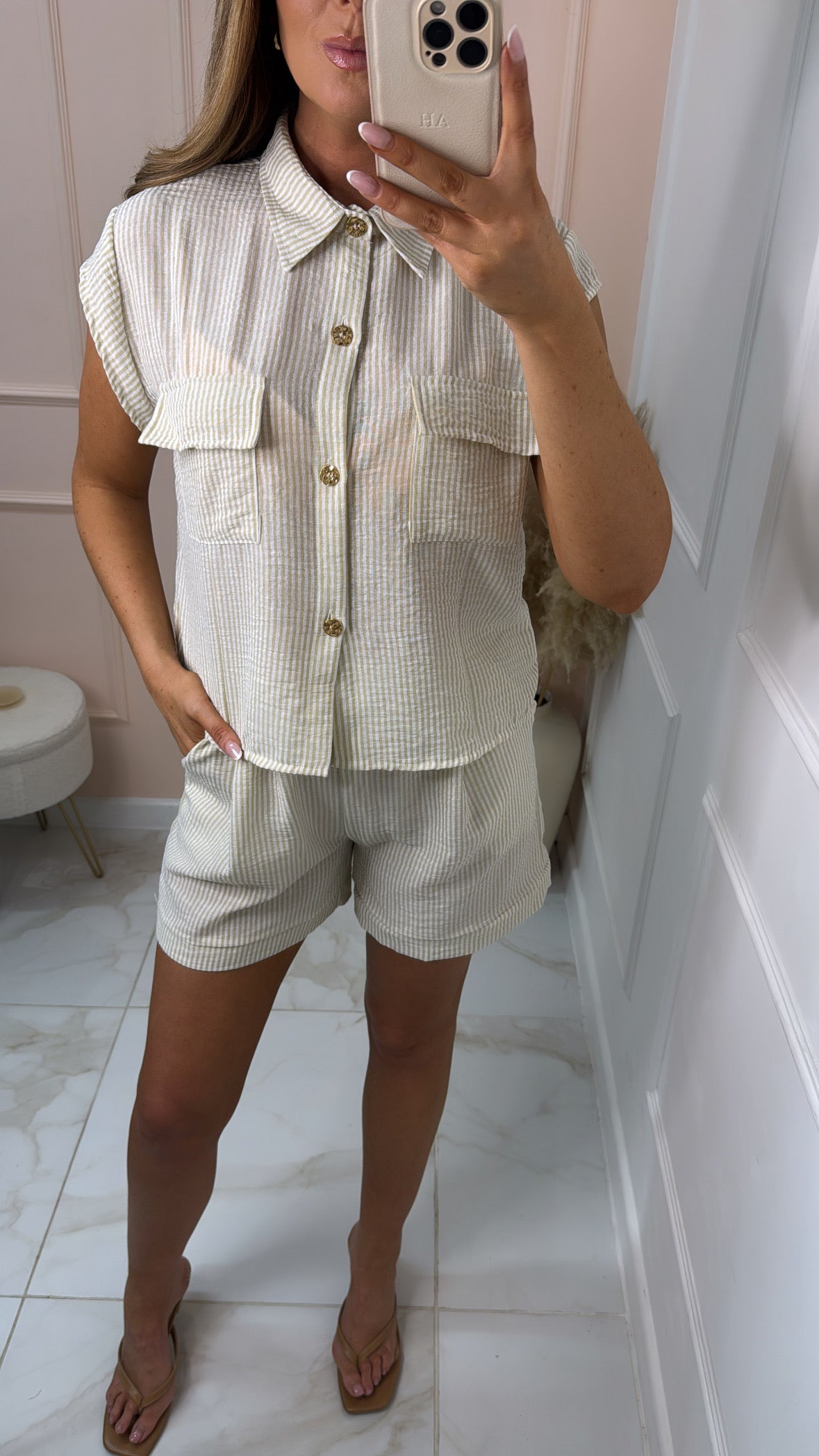 KLAUDIA beige pinstripe short set