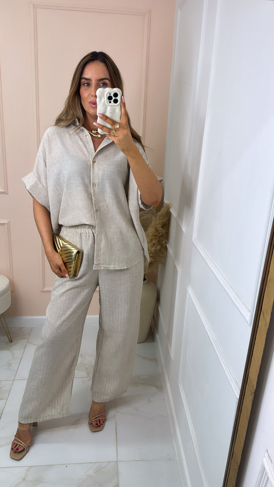 SOFIA beige metallic pinstripe boxy trouser set