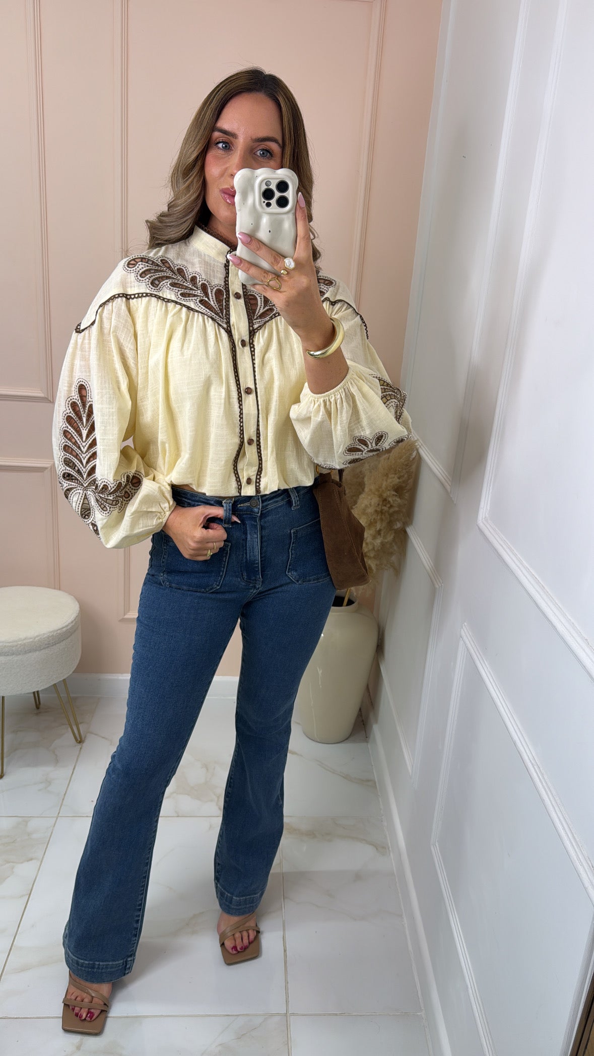 ANNA lemon embroidered puff sleeve blouse