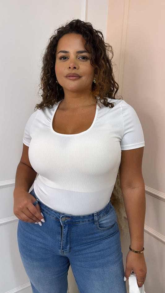 LUCIE white ribbed short sleeve bodysuit