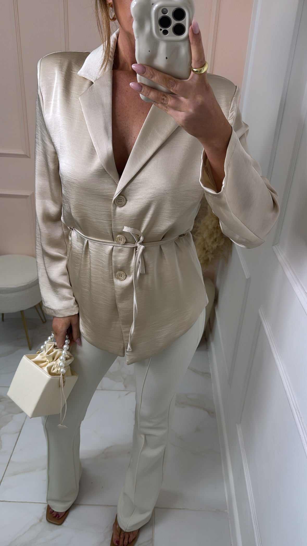 BELLE champagne tie waist silky blazer