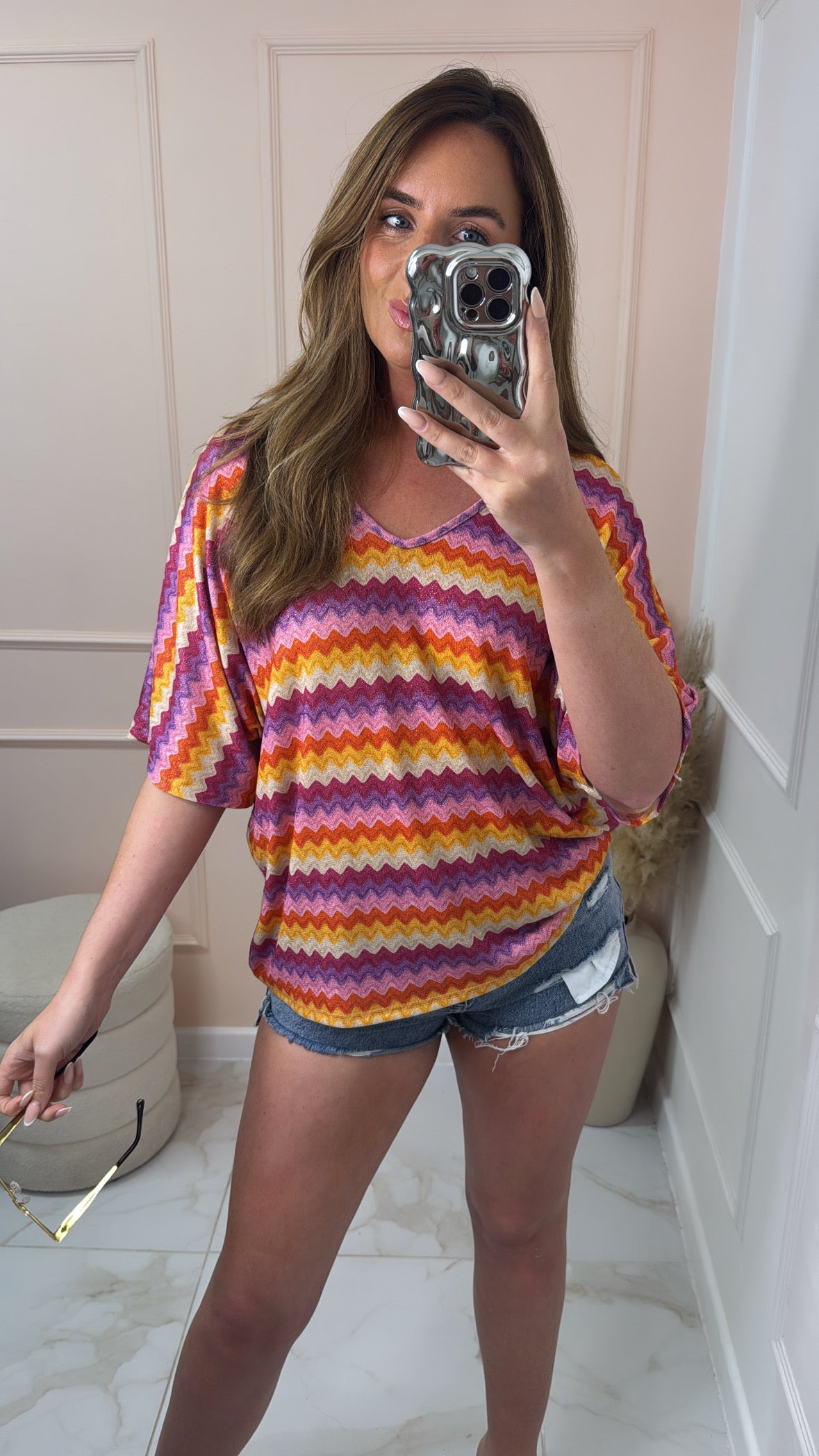 LOTTIE pink zig zag shimmer bow detail top