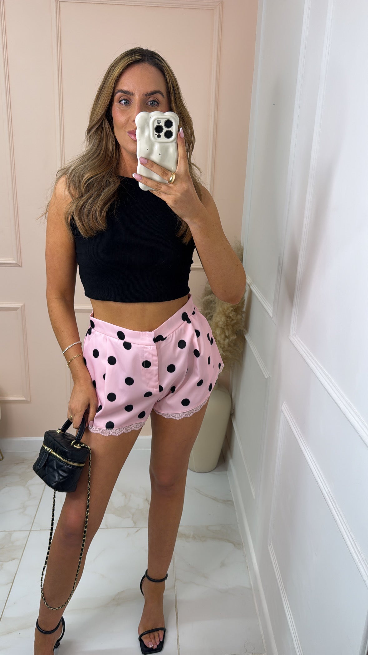 CLAUDIA pink polka dot lace trim shorts