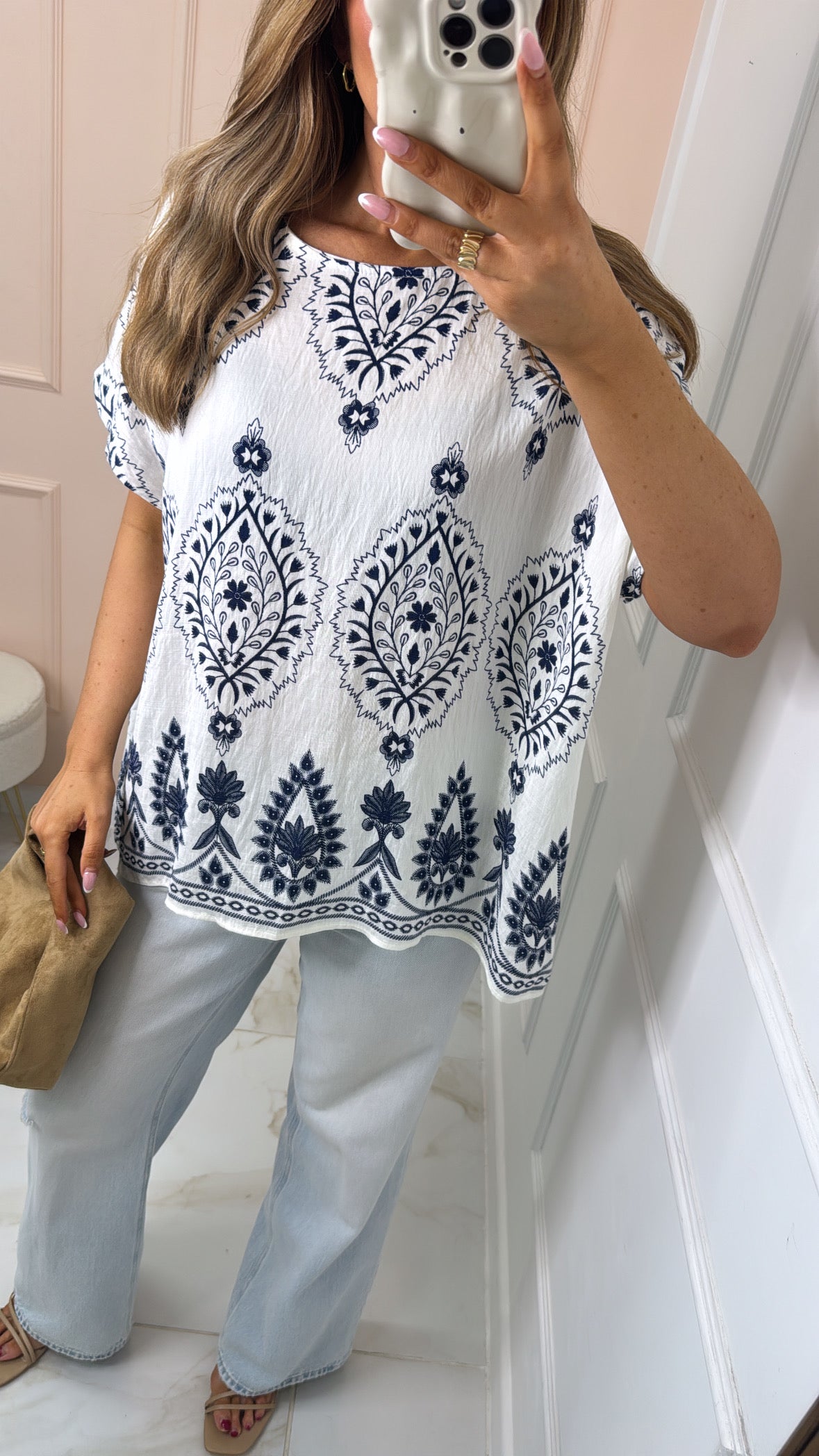 EVIE white paisley linen blend boxy blouse