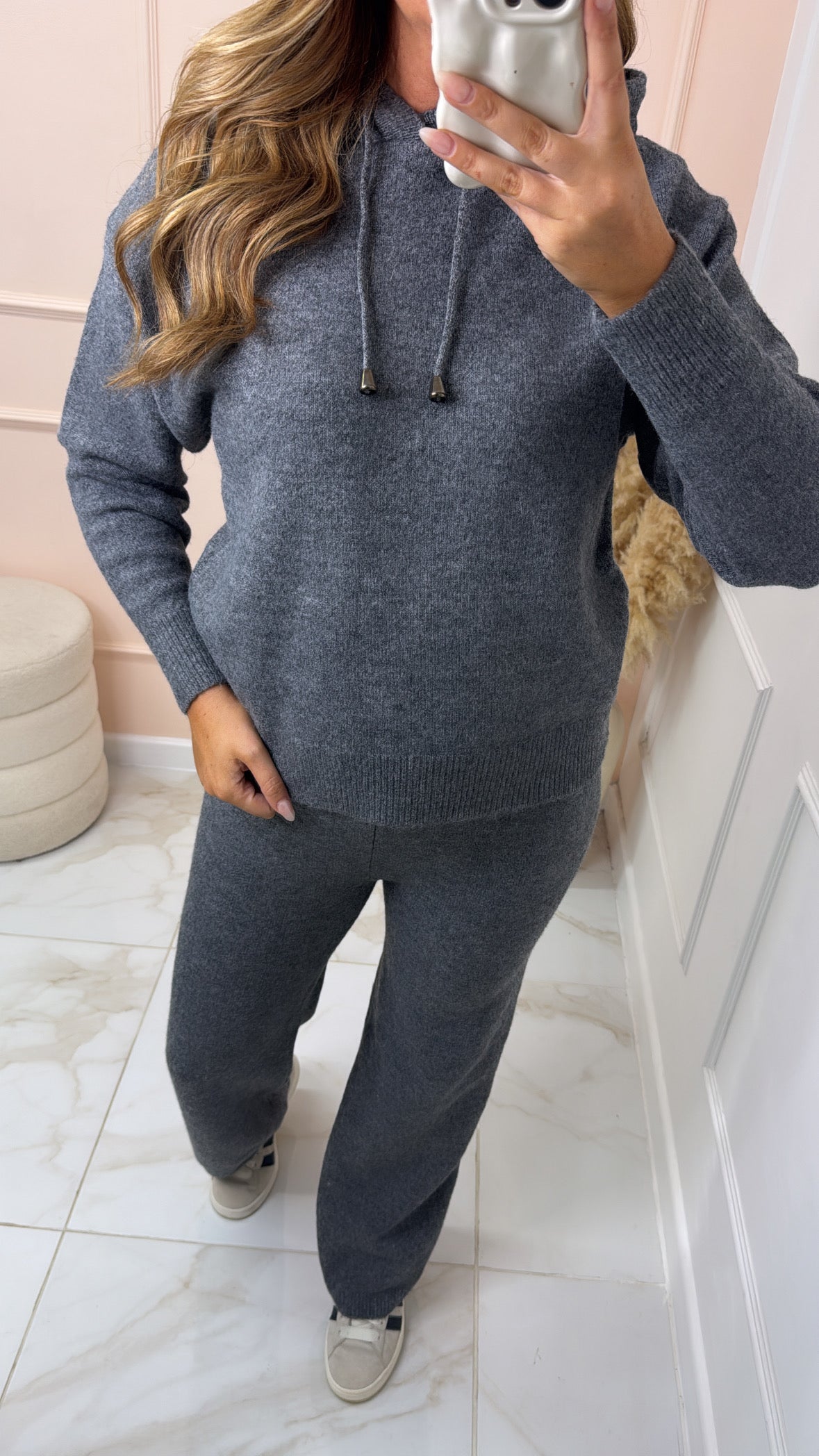 GRACIE grey soft knit hooded lounge set