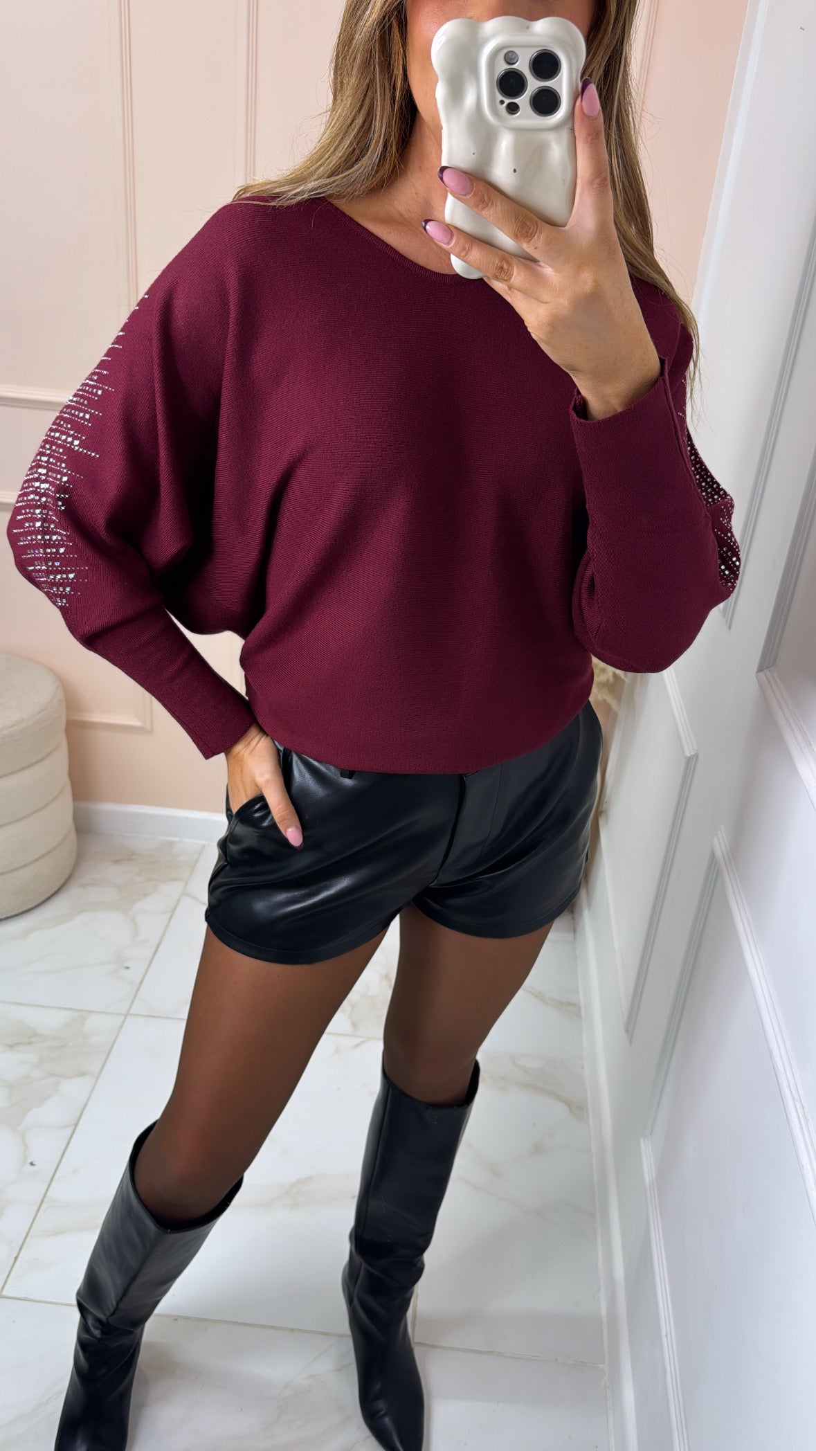 BROOKE wine embellished detail v neck jumper