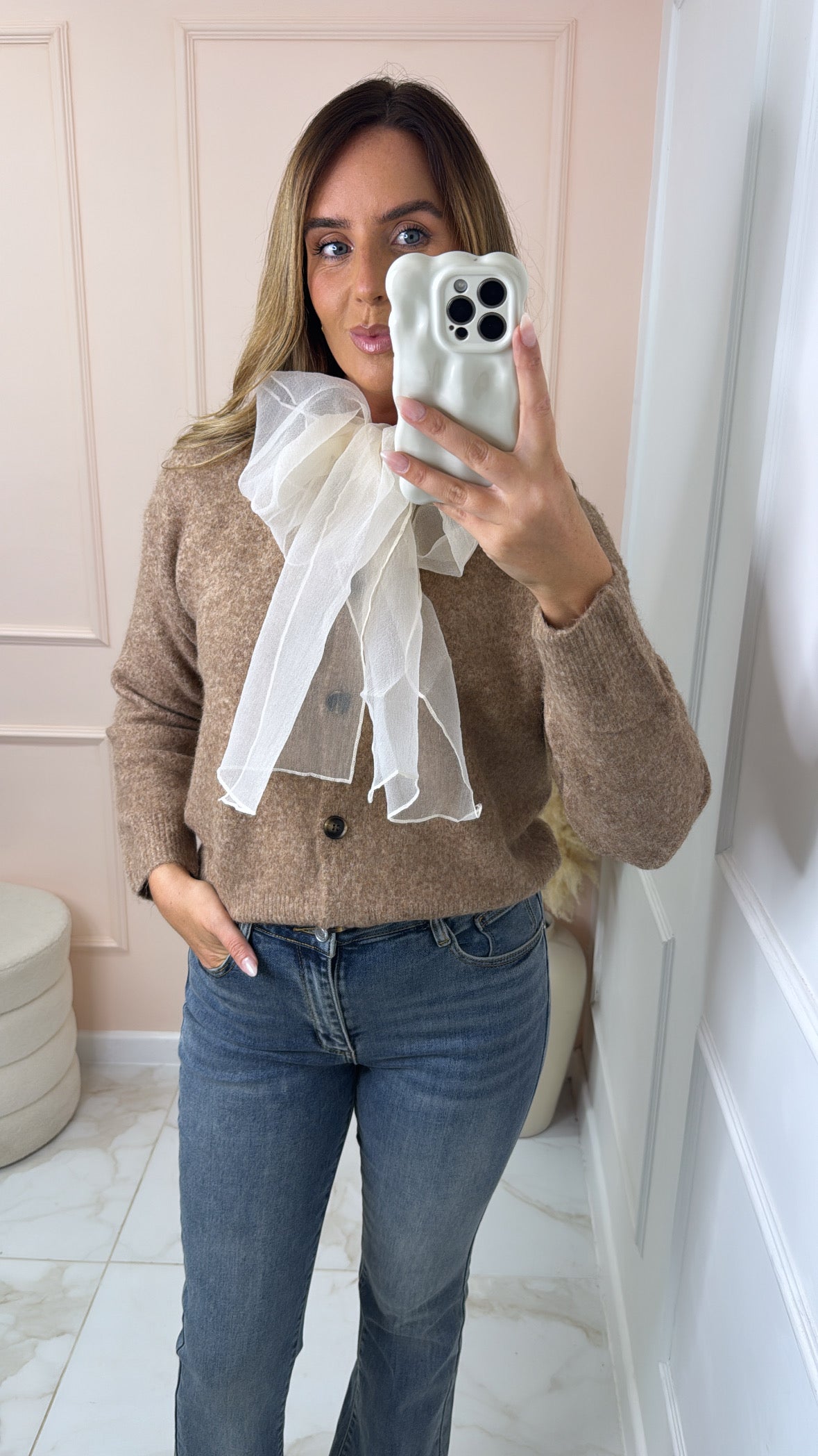 DIXIE camel organza bow knit cardigan