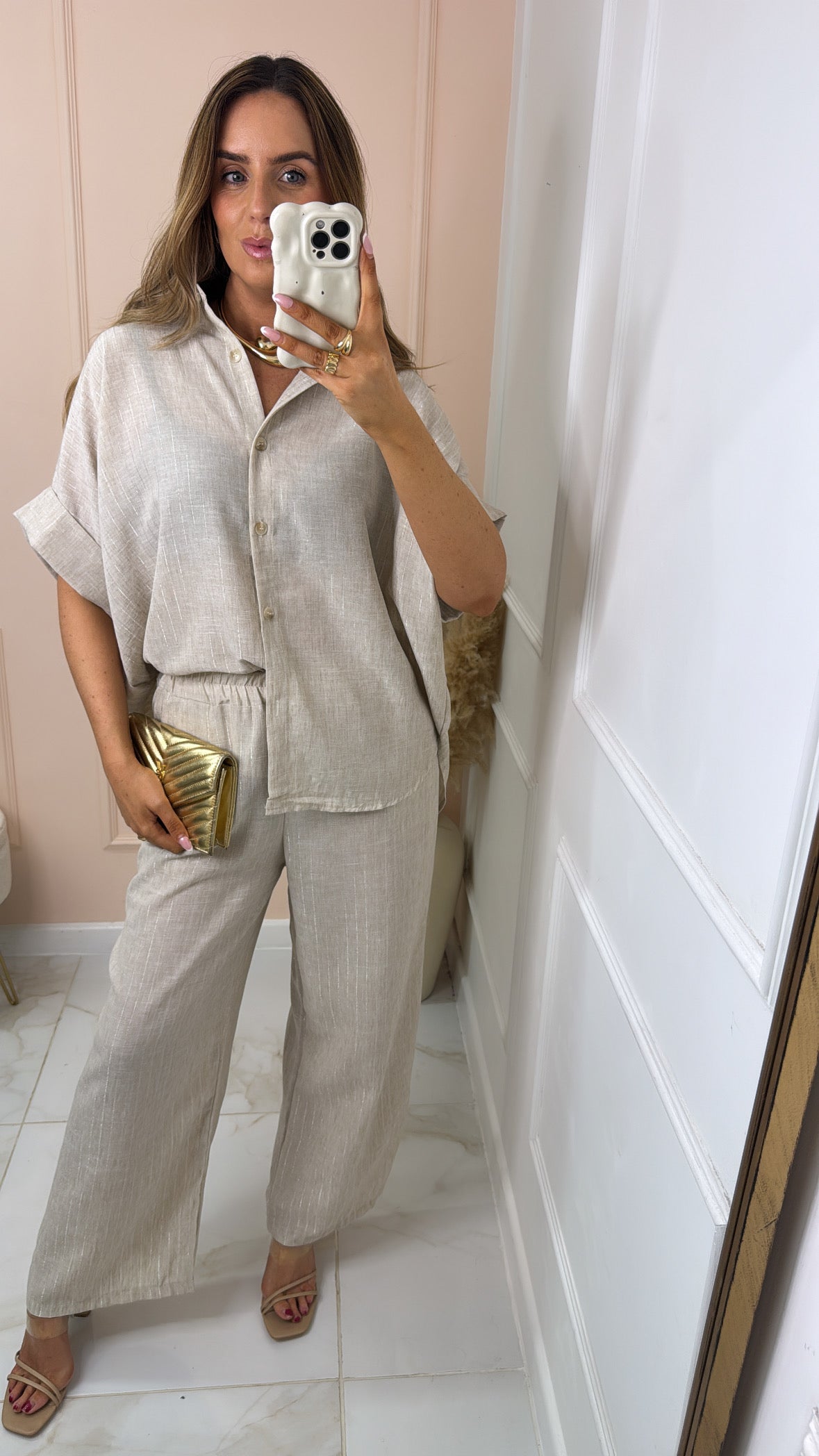 SOFIA beige metallic pinstripe boxy trouser set