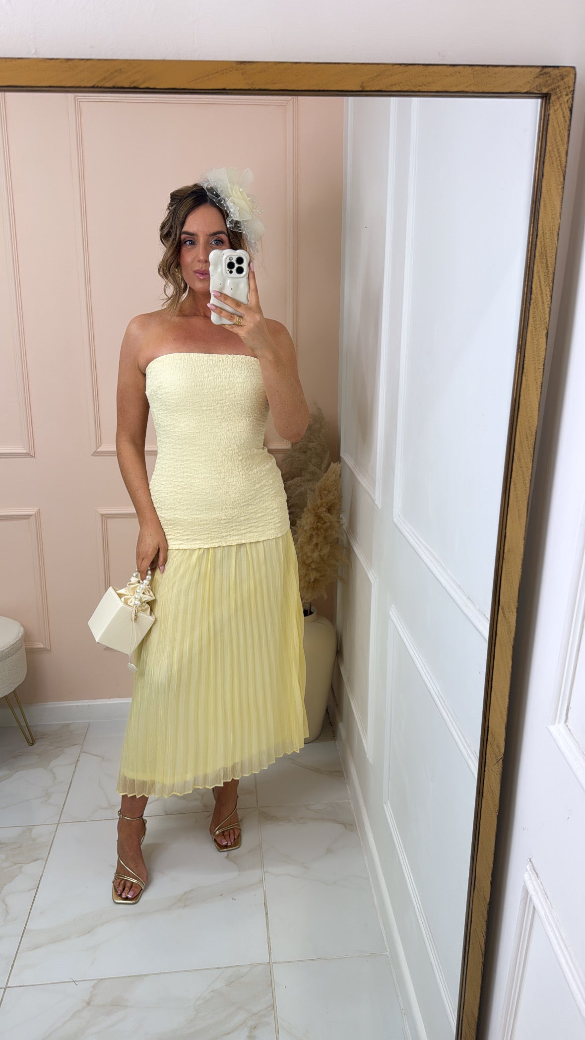 FLORA lemon shirred bandeau maxi dress