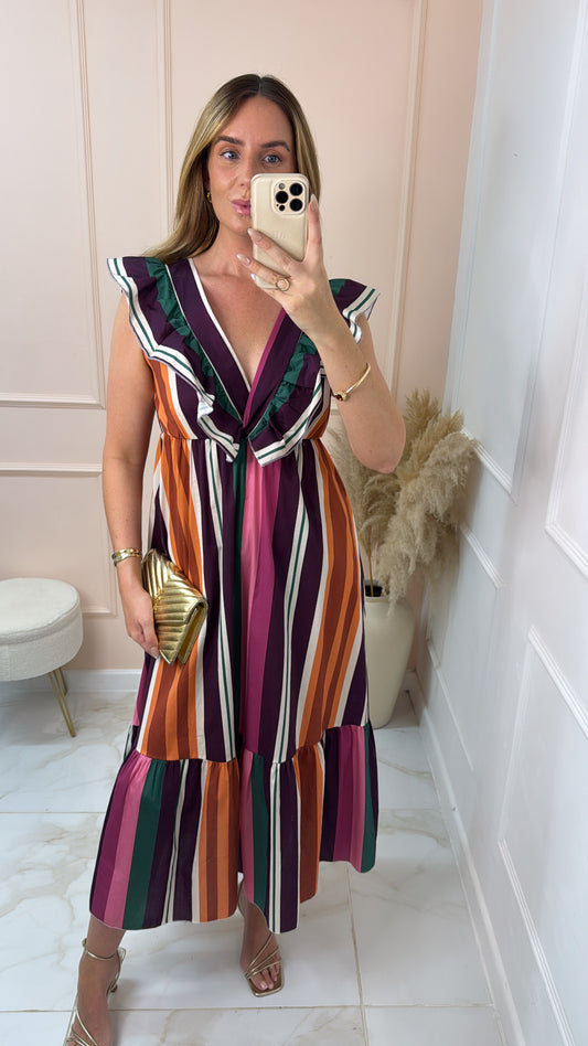 PHOEBE multi stripe frill maxi dress