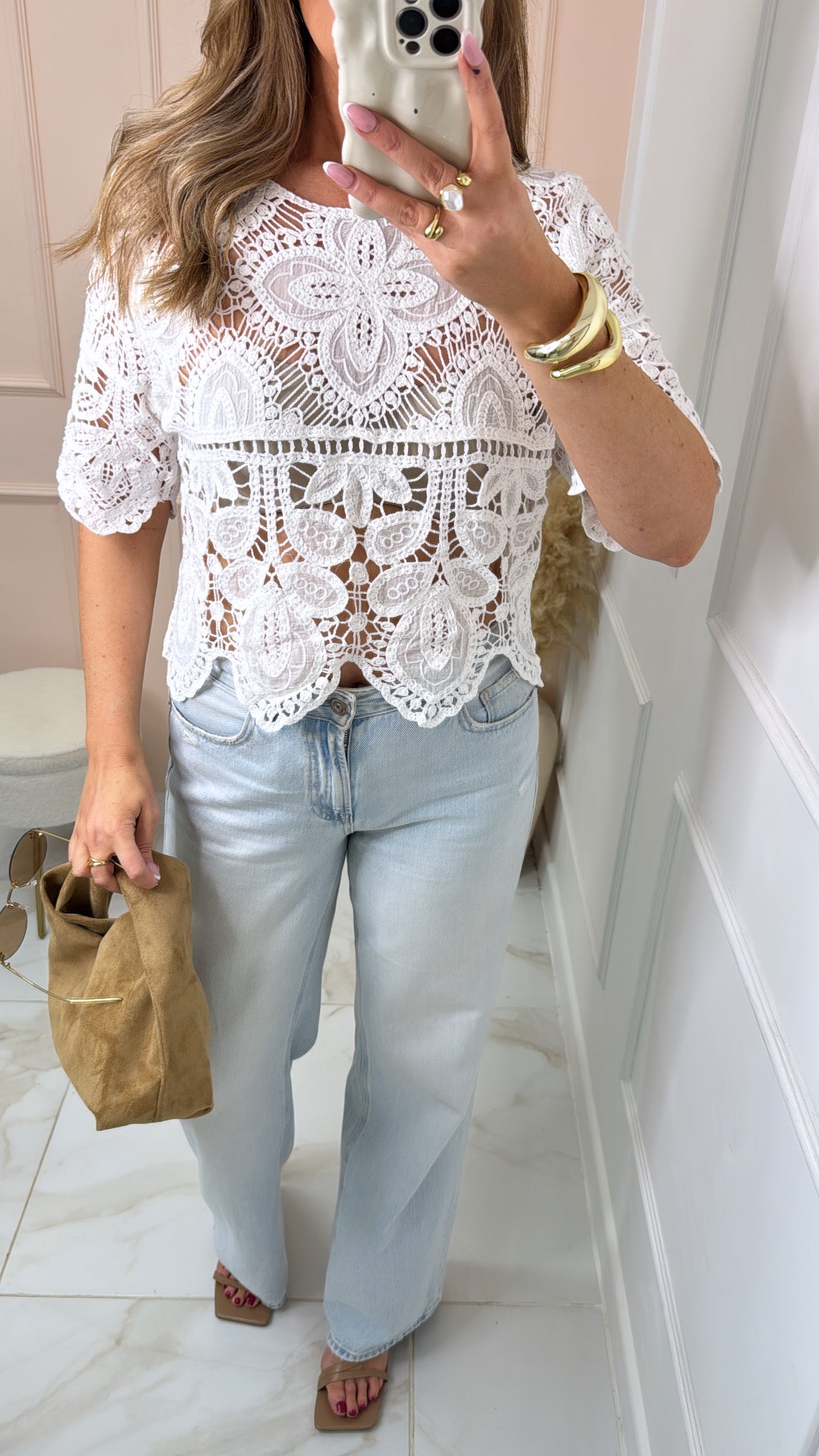 ALEXA white crochet scallop hem top