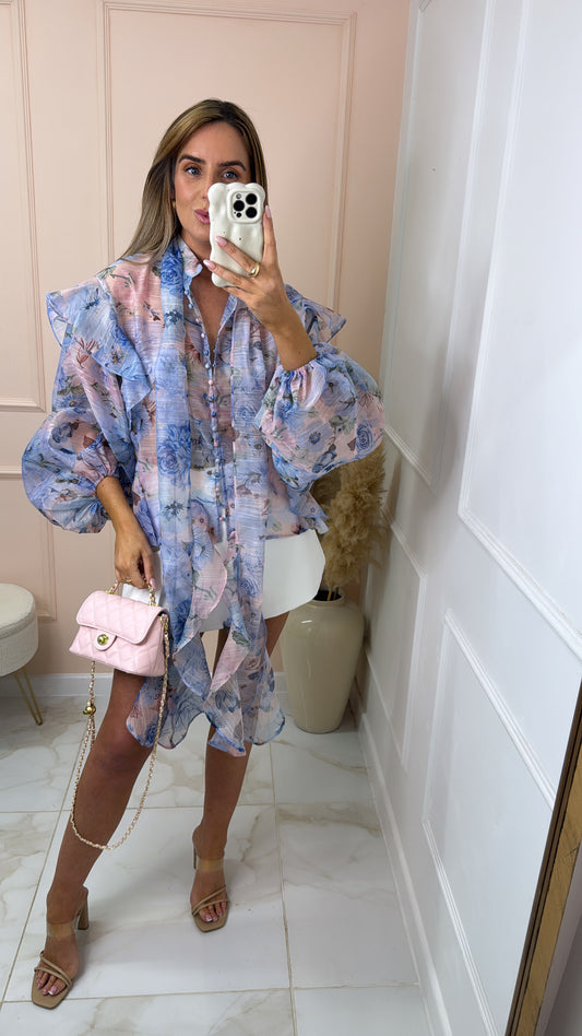 LOTTIE blue pink floral ruffle blouse