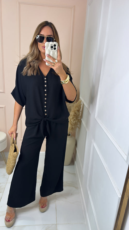 LUNA black button tie front trouser set
