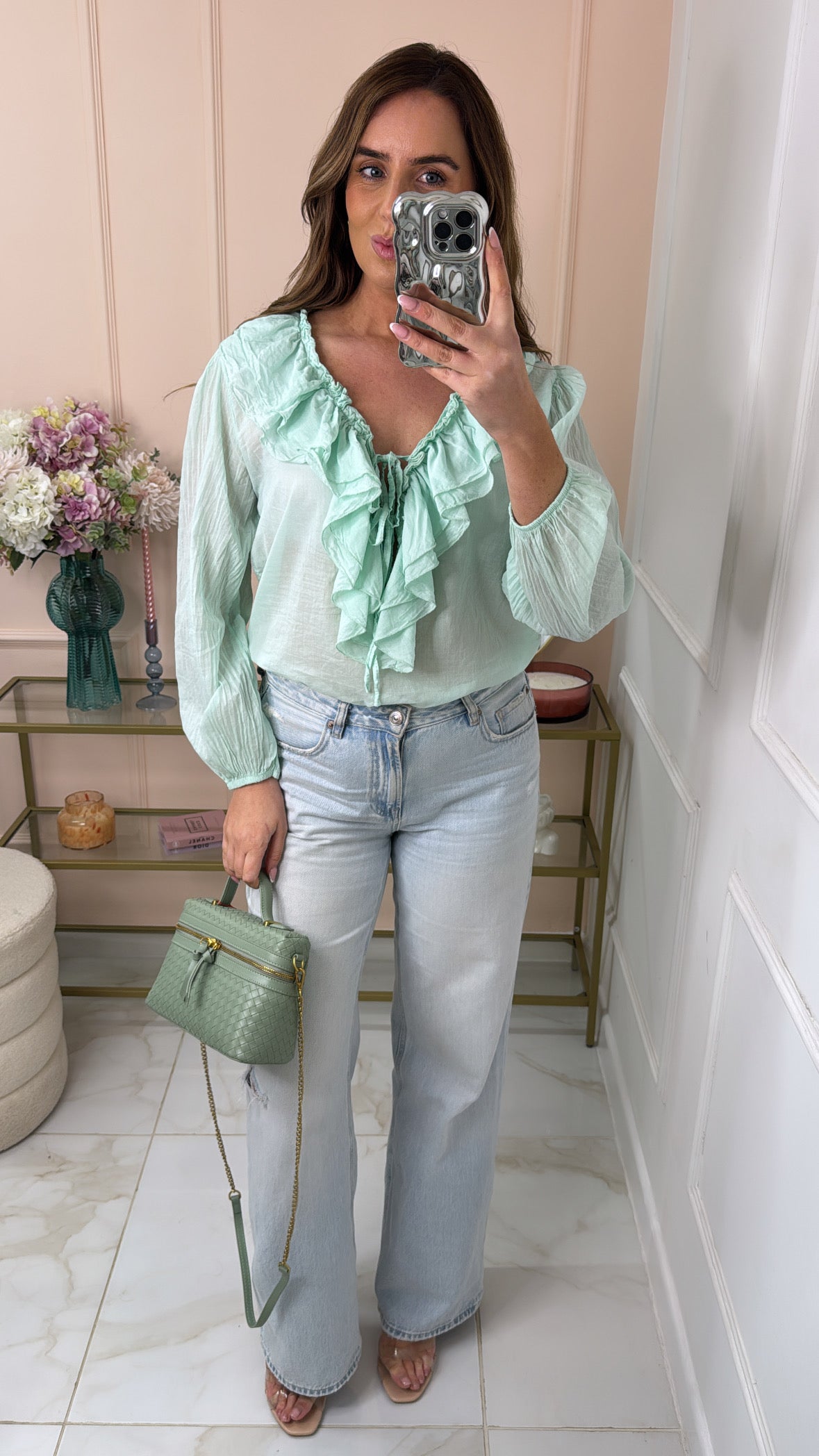 ALORA mint ruffle cotton blouse
