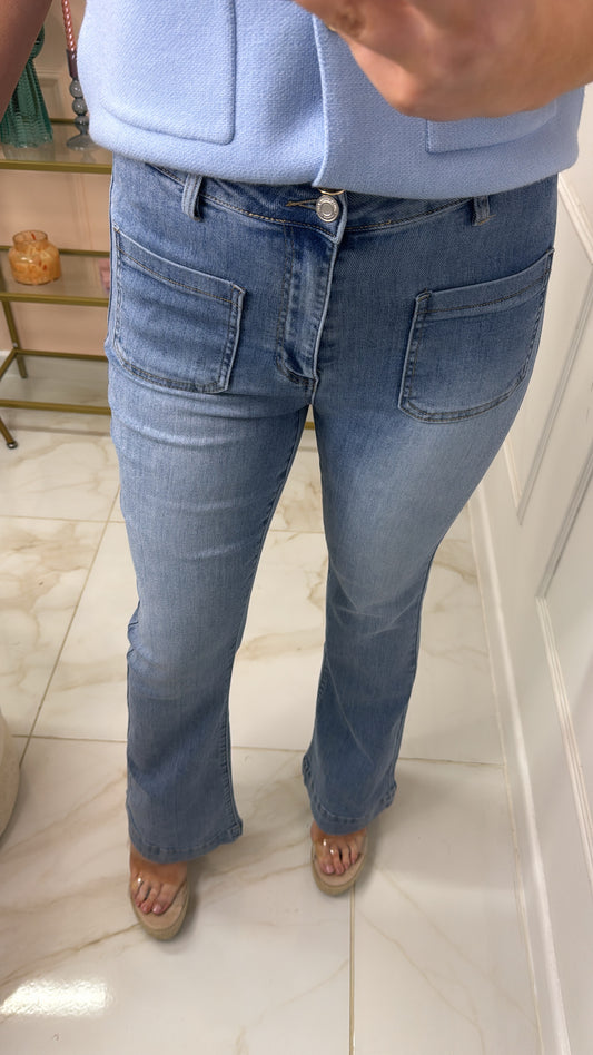 BEKI mid wash pocket detail flare jeans