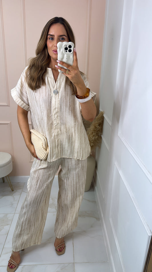 EMILY cream tie dye button detail trouser set