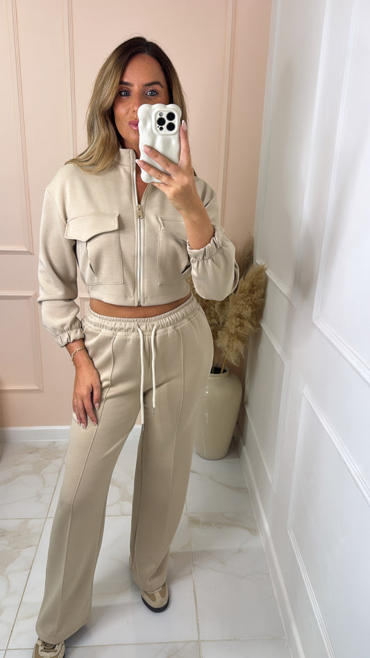 MIA beige zip up utility lounge set