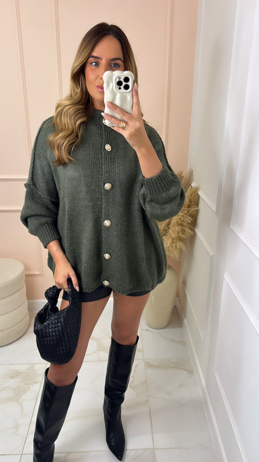 BERNICE khaki button chunky knit cardigan