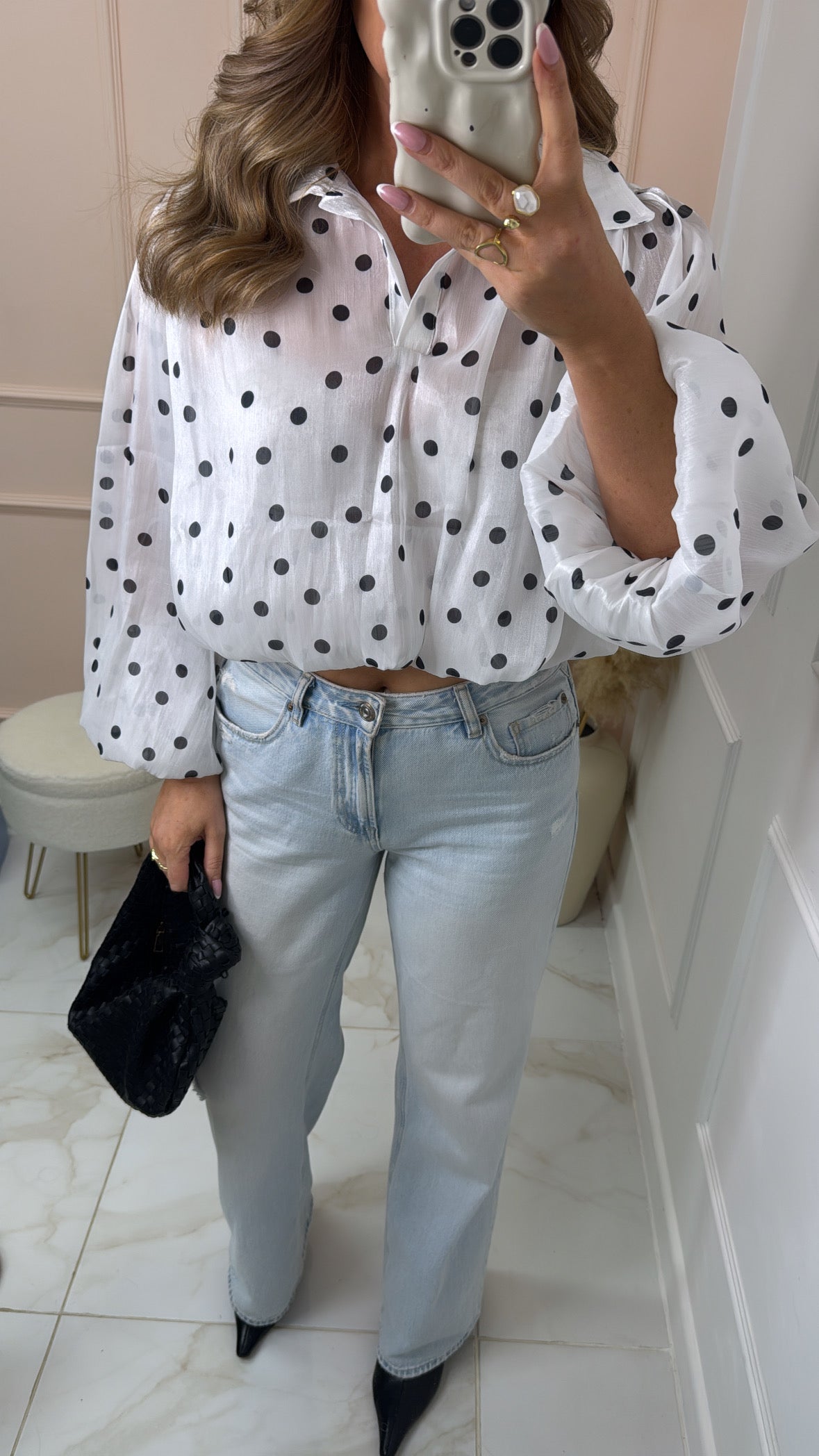 POPPY white polka dot bubble hem blouse