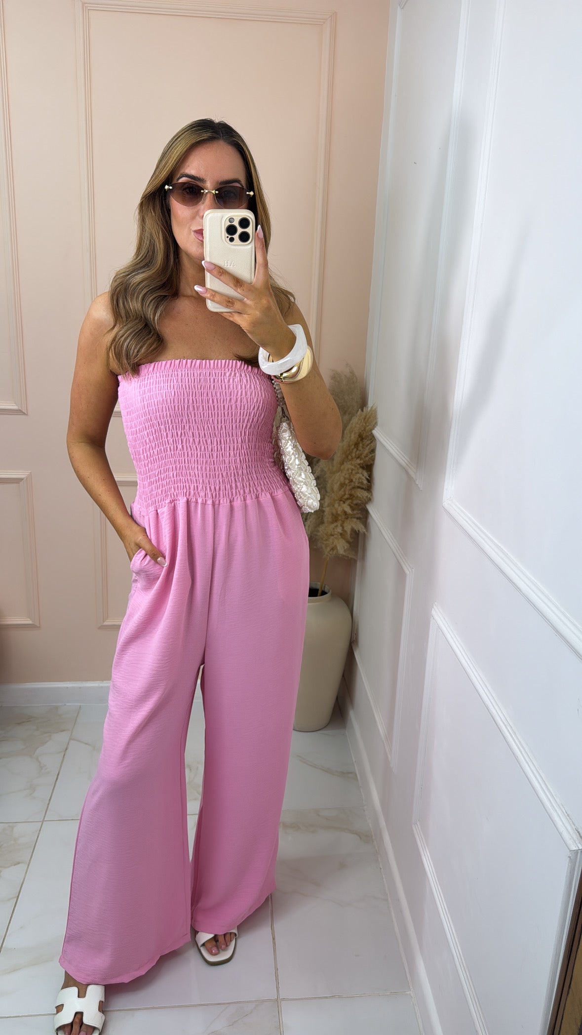 LIBBY pink shirred floaty bandeau jumpsuit
