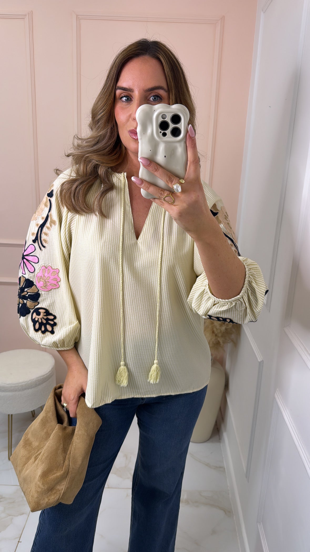 EMMA beige floral embroidered boho blouse