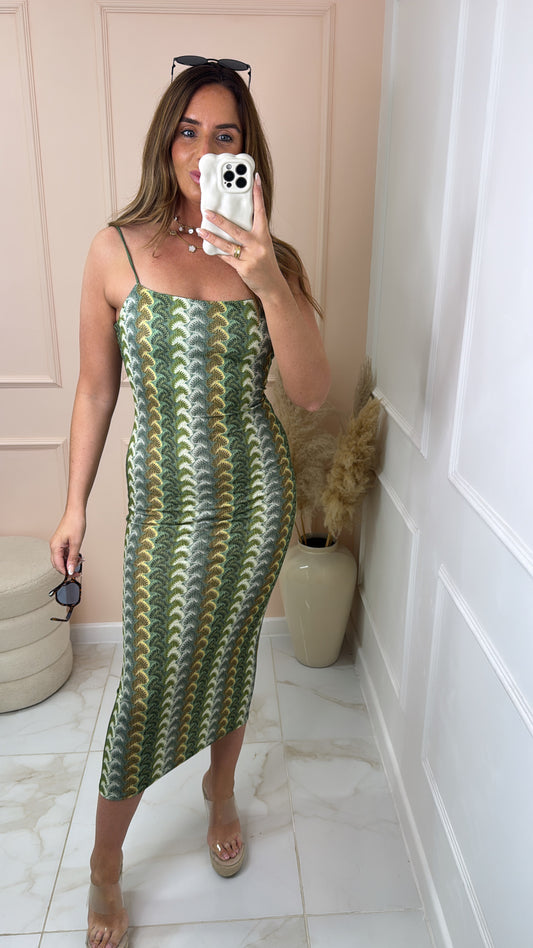 EMMA khaki zig zag wave print midi dress