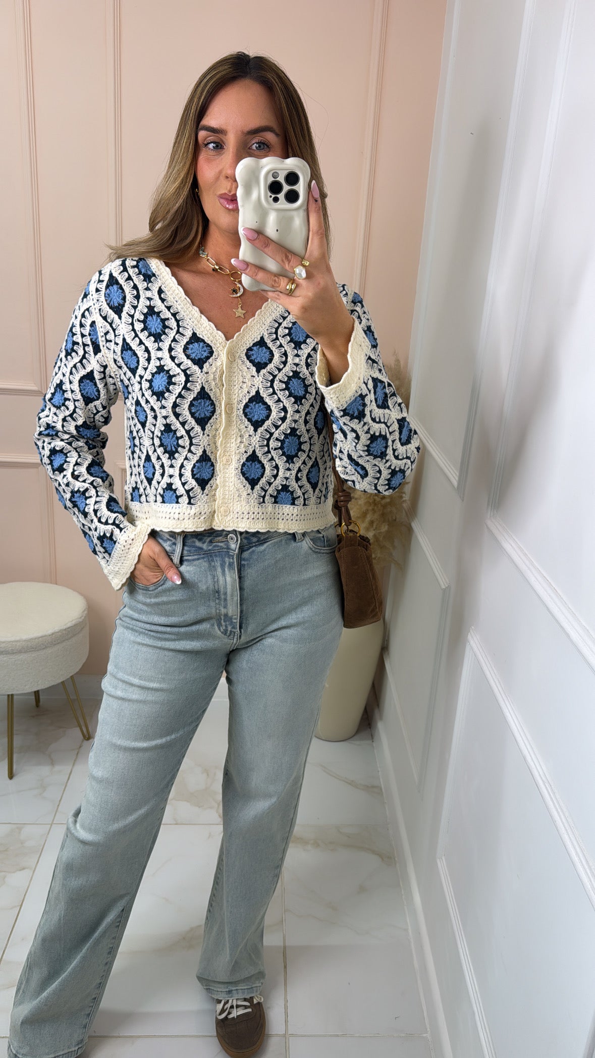 RAINE blue geo print crochet cardigan