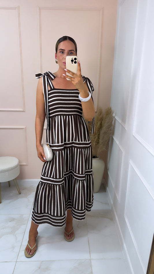 CAMILLA brown stripe tie detail maxi dress