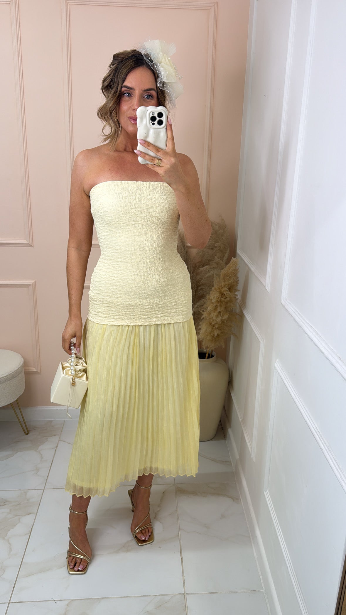 FLORA lemon shirred bandeau maxi dress