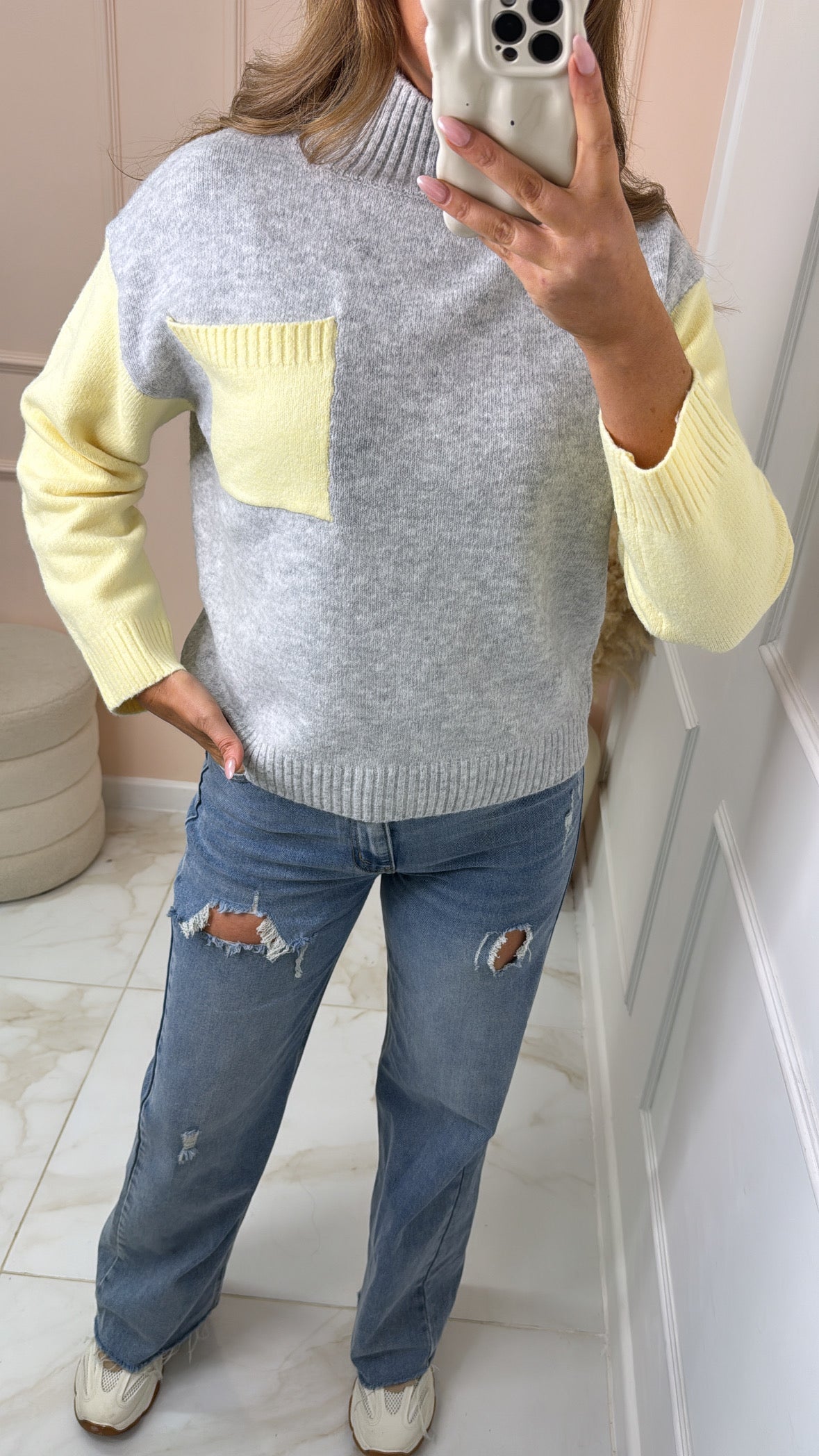 DAISY grey and lemon contrast knit jumper