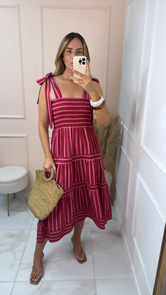 CAMILLA red pink stripe tie detail maxi dress