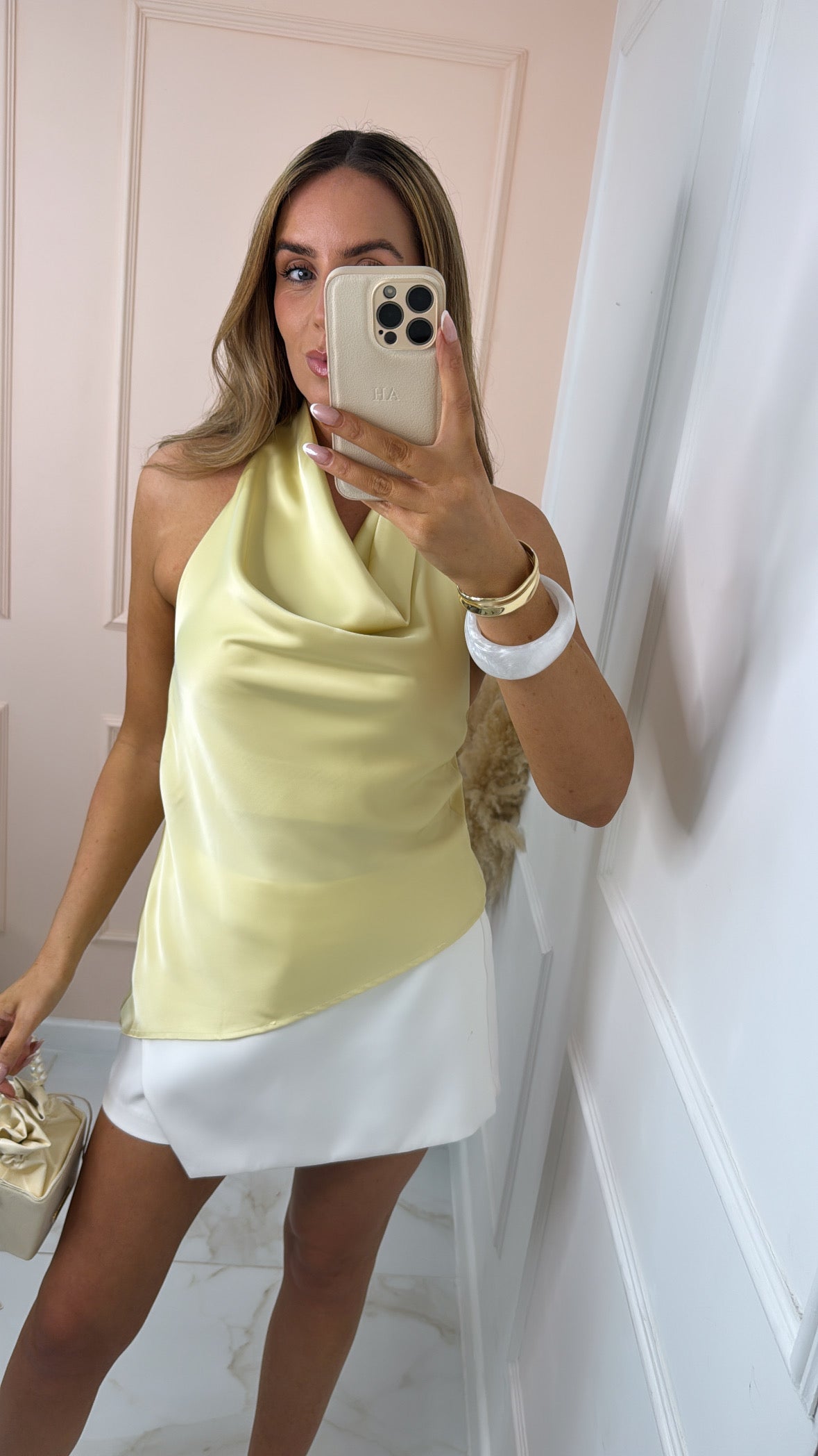 HEATHER lemon satin cowl neck top